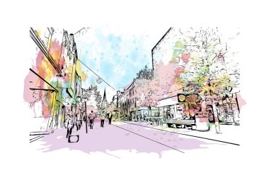 Print Building view with landmark of Preston is the city in England. Watercolor splash with hand drawn sketch illustration in vector.