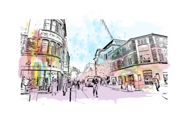 Print Building view with landmark of Preston is the city in England. Watercolor splash with hand drawn sketch illustration in vector.