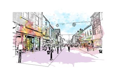 Print Building view with landmark of Preston is the city in England. Watercolor splash with hand drawn sketch illustration in vector.