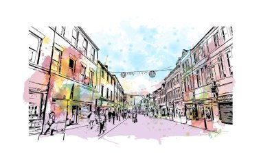Print Building view with landmark of Preston is the city in England. Watercolor splash with hand drawn sketch illustration in vector.