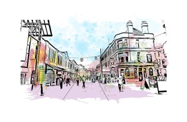 Print Building view with landmark of Preston is the city in England. Watercolor splash with hand drawn sketch illustration in vector.