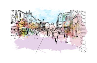 Print Building view with landmark of Preston is the city in England. Watercolor splash with hand drawn sketch illustration in vector.
