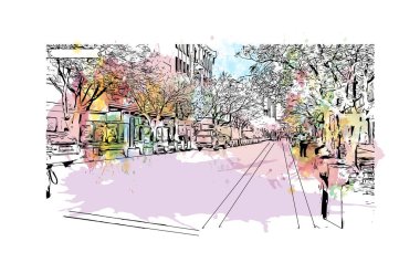 Print Building view with landmark of Pretoria is the capital of South Africa. Watercolor splash with hand drawn sketch illustration in vector.