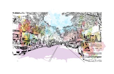 Print Building view with landmark of Pretoria is the capital of South Africa. Watercolor splash with hand drawn sketch illustration in vector.