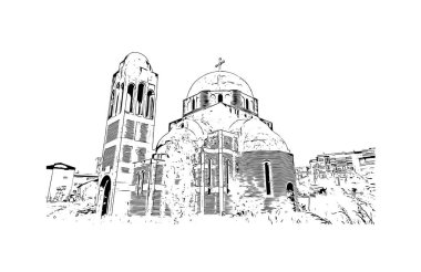 Print Building view with landmark of Pristina is the capital and largest city in Kosovo.. Hand draw sketch illustration in vector.
