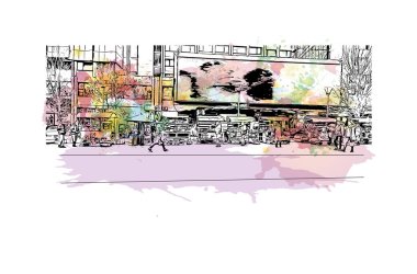 Print Building view with landmark of Pristina is the capital and largest city in Kosovo.. Watercolor splash with hand draw sketch illustration in vector.