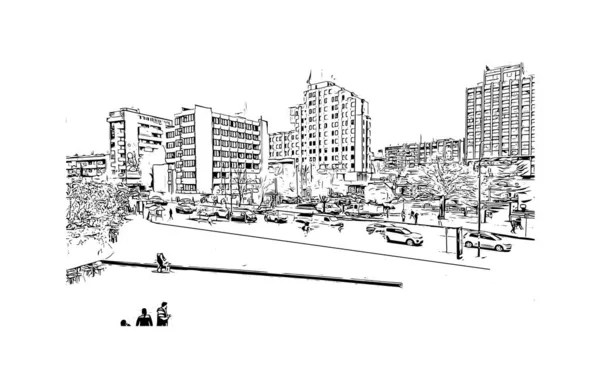 Imprimer Vue Bâtiment Avec Point Repère Pristina Est Capitale Grande — Image vectorielle