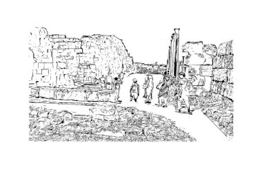 Protaras 'ın tarihi yapısına sahip Print Building view, Kıbrıs Rum Kesimi' nin belediyesi. Vektörde elle çizilmiş çizim çizimi.