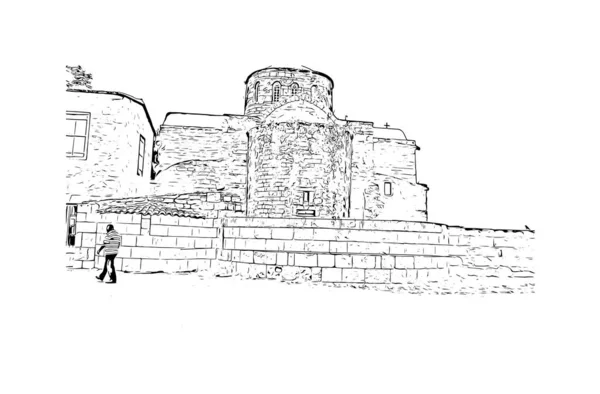 Protaras Tarihi Yapısına Sahip Print Building View Kıbrıs Rum Kesimi — Stok Vektör