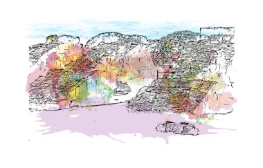 Print Building view with landmark of Protaras is the municipality in Cyprus.Watercolor splash with hand drawn sketch illustration in vector.