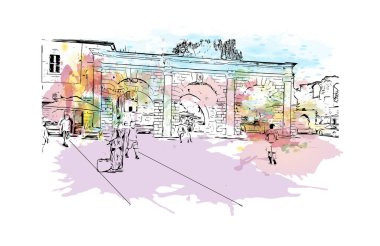 Print Building view with landmark of Protaras is the municipality in Cyprus.Watercolor splash with hand drawn sketch illustration in vector.