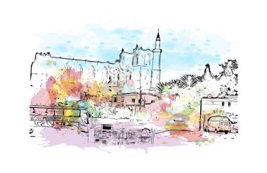 Print Building view with landmark of Protaras is the municipality in Cyprus.Watercolor splash with hand drawn sketch illustration in vector.