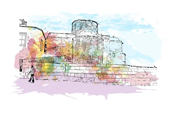 Print Building View Landmark Protaras Municipality Cyprus Watercolor Splash Hand — Stock vektor