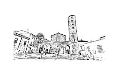 Print Building view with landmark of Ravenna is the liman in Italy. Vektörde elle çizilmiş çizim çizimi.