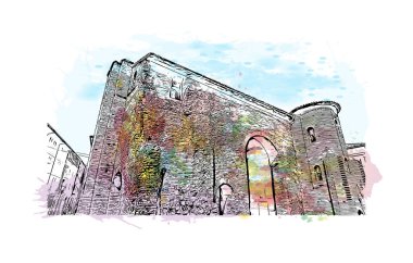 Print Building view with landmark of Ravenna is the liman in Italy. Vektörde elle çizilmiş resim ile suluboya sıçraması.