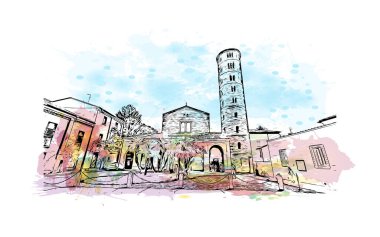 Print Building view with landmark of Ravenna is the liman in Italy. Vektörde elle çizilmiş resim ile suluboya sıçraması.