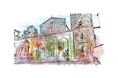 Print Building view with landmark of Ravenna is the liman in Italy. Vektörde elle çizilmiş resim ile suluboya sıçraması.