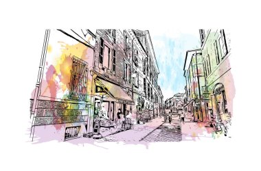 Print Building view with landmark of Ravenna is the liman in Italy. Vektörde elle çizilmiş resim ile suluboya sıçraması.