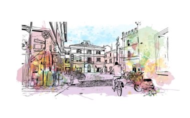 Print Building view with landmark of Ravenna is the liman in Italy. Vektörde elle çizilmiş resim ile suluboya sıçraması.