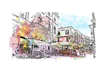 Print Building view with landmark of Ravenna is the liman in Italy. Vektörde elle çizilmiş resim ile suluboya sıçraması.