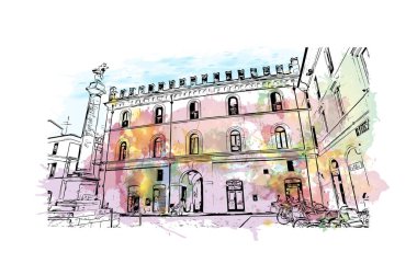 Print Building view with landmark of Ravenna is the liman in Italy. Vektörde elle çizilmiş resim ile suluboya sıçraması.