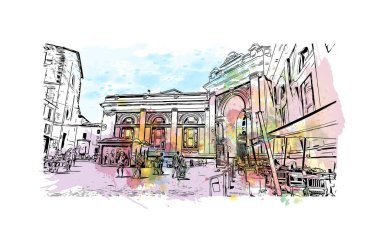 Print Building view with landmark of Ravenna is the liman in Italy. Vektörde elle çizilmiş resim ile suluboya sıçraması.