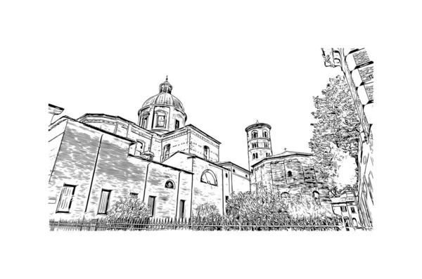 印刷ラヴェンナ港のランドマークとビルの景色はイタリアの港です 手描きのスケッチ図ベクトル — ストックベクタ