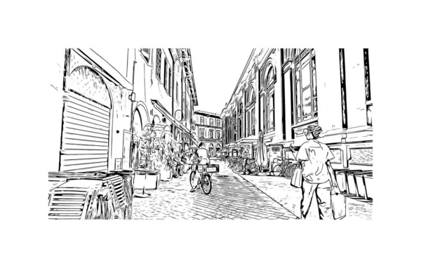 印刷ラヴェンナ港のランドマークとビルの景色はイタリアの港です 手描きのスケッチ図ベクトル — ストックベクタ