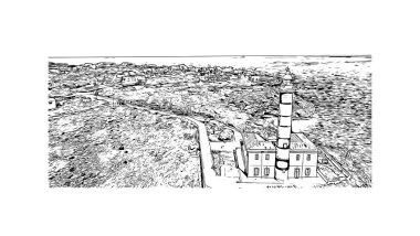 Print Building view with landmark of Porto Colom, Mallorca 'da küçük bir kasabadır. Vektörde elle çizilmiş çizim çizimi.