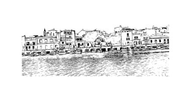 Print Building view with landmark of Porto Colom, Mallorca 'da küçük bir kasabadır. Vektörde elle çizilmiş çizim çizimi.