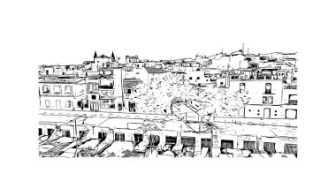 Print Building view with landmark of Porto Colom, Mallorca 'da küçük bir kasabadır. Vektörde elle çizilmiş çizim çizimi.