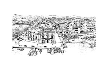 Print Building view with landmark of Porto Colom, Mallorca 'da küçük bir kasabadır. Vektörde elle çizilmiş çizim çizimi.