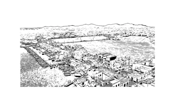 印刷ポルト コロムのランドマークとビルの景色は マヨルカ島の小さな町です 手描きのスケッチ図ベクトル — ストックベクタ