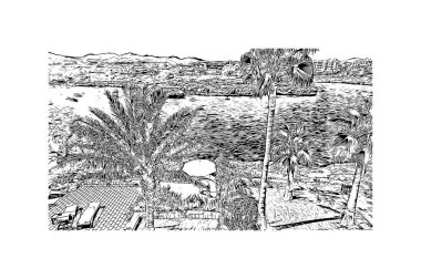 Print Building view with landmark of Porto Colom, Mallorca 'da küçük bir kasabadır. Vektörde elle çizilmiş çizim çizimi.