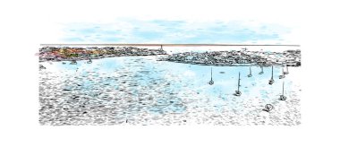 Print Building view with landmark of Porto Colom, Mallorca 'da küçük bir kasabadır. Vektör içinde El çizilmiş çizim ile suluboya sıçraması.