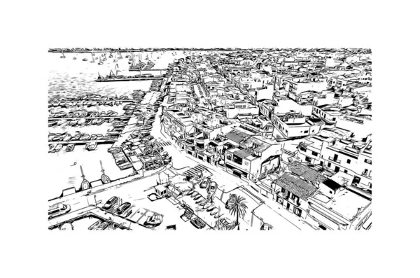 科洛姆港的标志性建筑是马略卡岛的一个小镇 矢量手绘草图 — 图库矢量图片