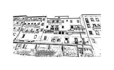 Print Building view with landmark of Porto ferraio is the town in Italy. Vektörde elle çizilmiş çizim çizimi