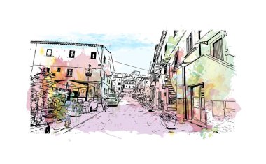 Print Building view with landmark of Porto ferraio is the town in Italy. Vektörde elle çizilmiş resim ile suluboya sıçraması