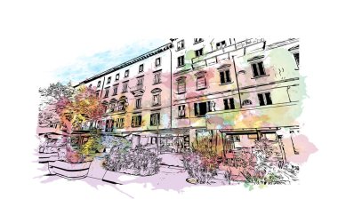 Print Building view with landmark of Porto ferraio is the town in Italy. Vektörde elle çizilmiş resim ile suluboya sıçraması