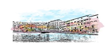 Print Building view with landmark of Porto ferraio is the town in Italy. Vektörde elle çizilmiş resim ile suluboya sıçraması