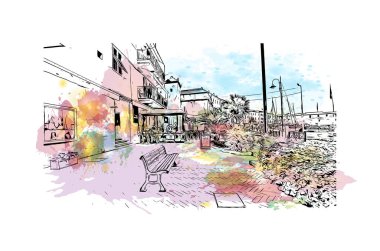 Print Building view with landmark of Porto ferraio is the town in Italy. Vektörde elle çizilmiş resim ile suluboya sıçraması.