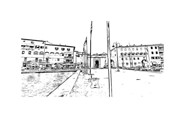 Print Вид на здание с достопримечательностью Порто Феррайо - город в Италии. Ручной рисунок в векторе
