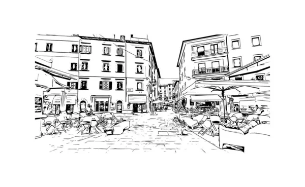 Print Byggnadsvy Med Landmärke Porto Ferraio Staden Italien Handritad Skiss — Stock vektor
