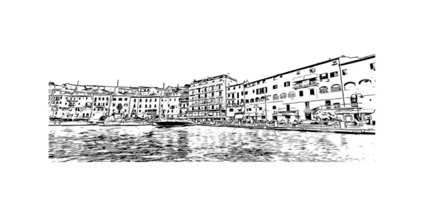 印刷ポルト フェラーリオのランドマークとビルの景色はイタリアの町です 手描きのスケッチ図ベクトル — ストックベクタ