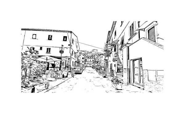포르트 Porto Ferraio 랜드마크가 이탈리아의 도시이다 벡터로 손으로 스케치 — 스톡 벡터