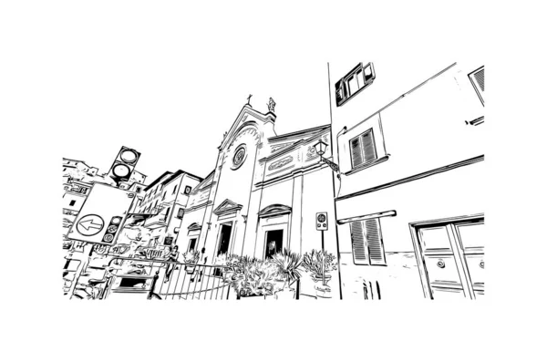 Drukuj Widok Budynku Znakiem Rozpoznawczym Porto Ferraio Jest Miastem Włoszech — Wektor stockowy