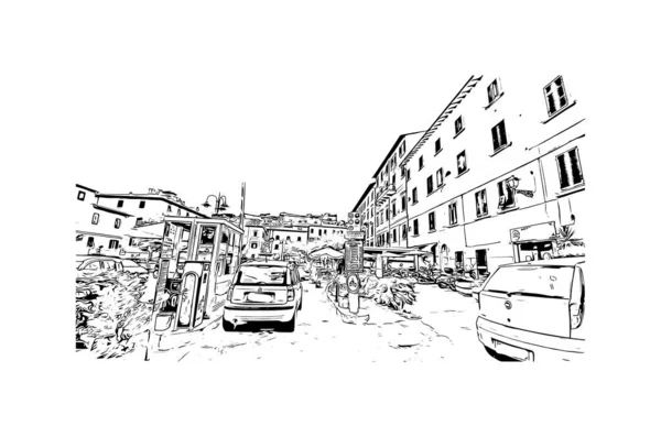位于意大利的城市是带有波尔图费拉里奥 Porto Ferraio 地标的印刷厂 矢量手绘草图 — 图库矢量图片