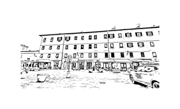 位于意大利的城市是带有波尔图费拉里奥 Porto Ferraio 地标的印刷厂 矢量手绘草图 — 图库矢量图片