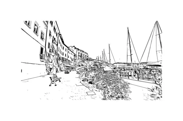 Vytisknout Pohled Budovu Orientačním Bodem Porto Ferraio Město Itálii Ručně — Stockový vektor