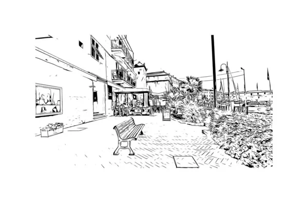 Imprimer Vue Bâtiment Avec Point Repère Porto Ferraio Est Ville — Image vectorielle
